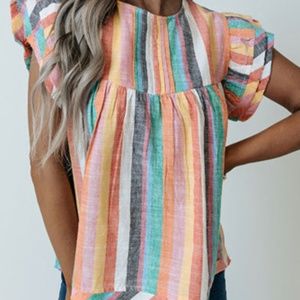 Stripe ruffle cap sleeve